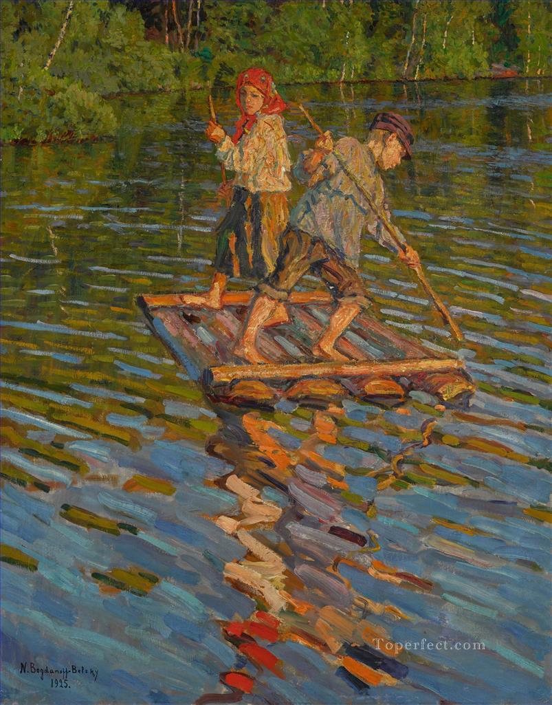 NIÑOS EN UNA BALSA Nikolay Bogdanov Belsky Pintura al óleo
